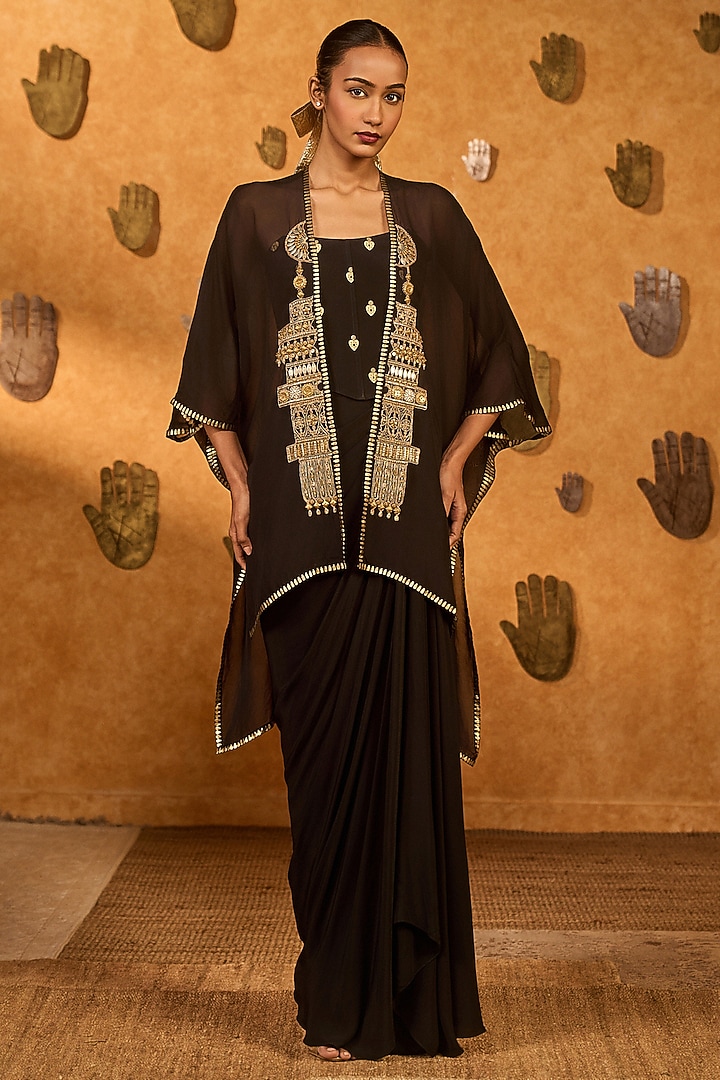 Black Crepe Draped Skirt Set by Masaba at Pernia's Pop Up Shop