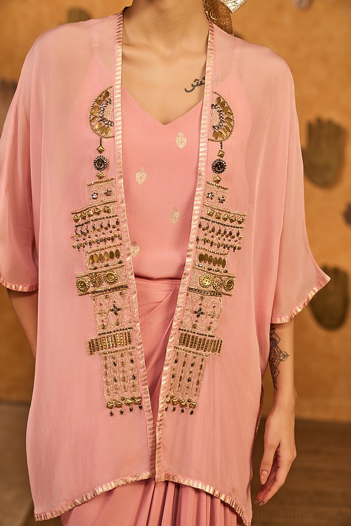Champagne Pink Organza Hand Embroidered & Printed Cape Set by Masaba at Pernia's Pop Up Shop