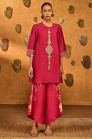 Raspberry Raw Silk Coin Embellished Kurta Set by Masaba