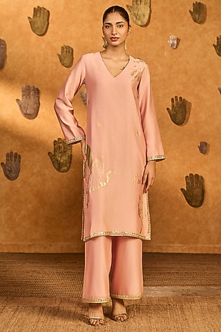 Baby Pink Chanderi Foil Printed Kurta Set by Masaba