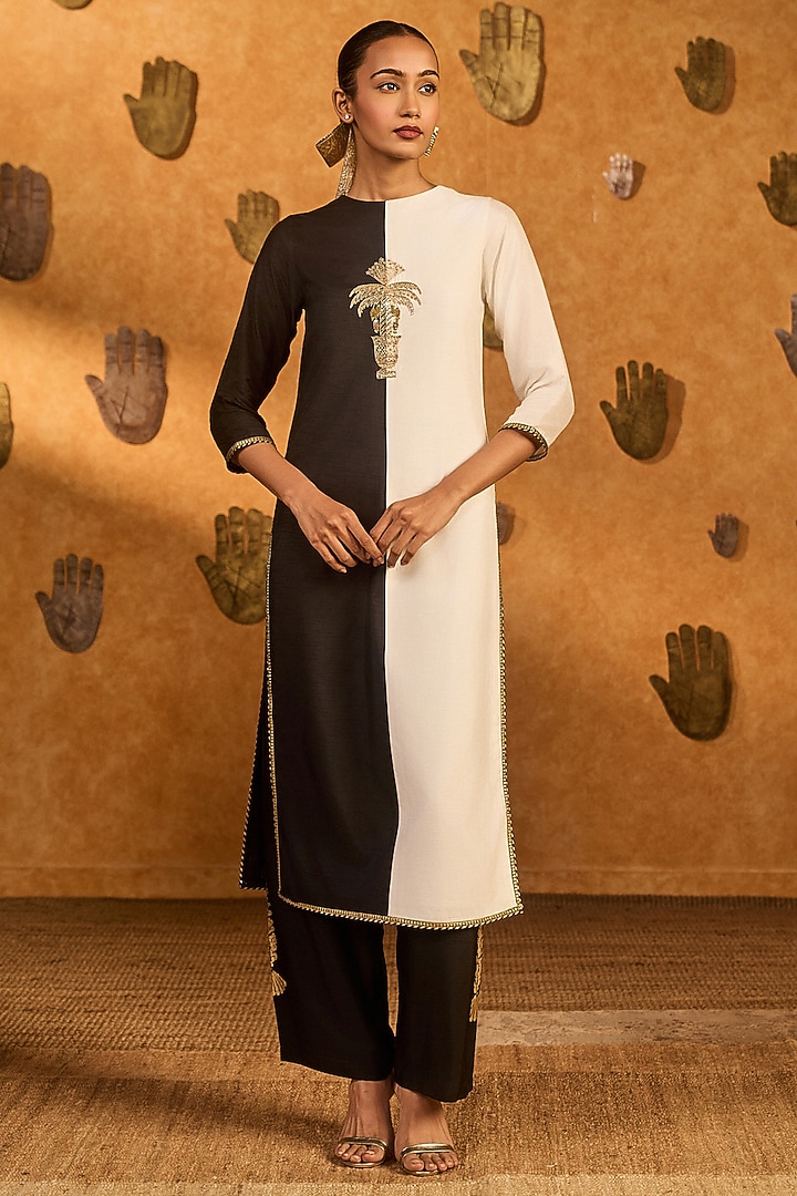 Black Raw Silk Embroidered & Printed Half-n-Half Kurta Set by Masaba at Pernia's Pop Up Shop