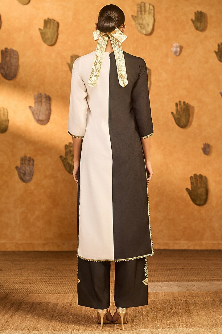 Black Raw Silk Embroidered & Printed Half-n-Half Kurta Set by Masaba at Pernia's Pop Up Shop