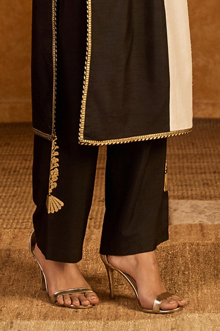 Black Raw Silk Embroidered & Printed Half-n-Half Kurta Set by Masaba at Pernia's Pop Up Shop