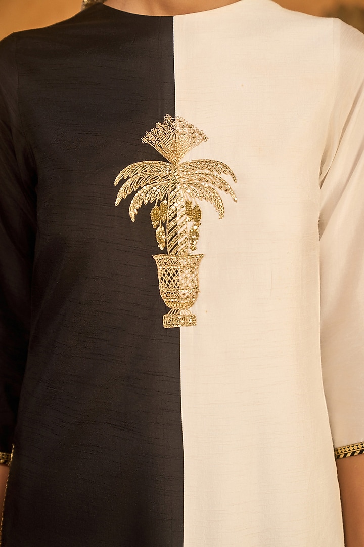 Black Raw Silk Embroidered & Printed Half-n-Half Kurta Set by Masaba at Pernia's Pop Up Shop
