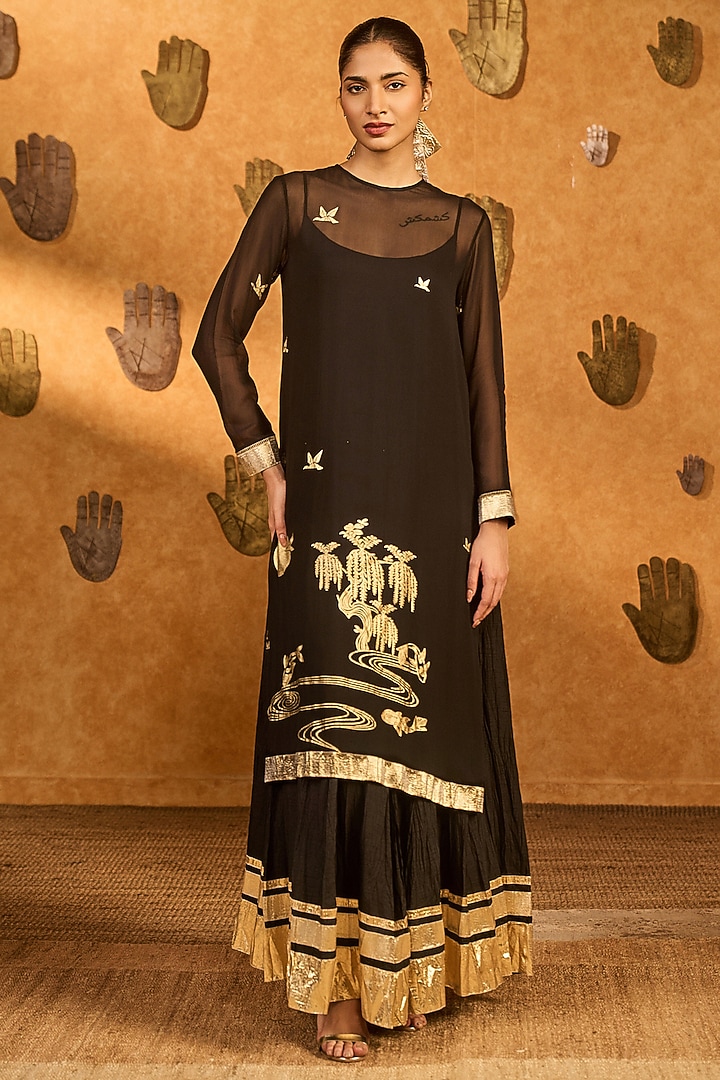 Black Raw Silk Embellished Wedding Anarkali With Kurta by Masaba at Pernia's Pop Up Shop
