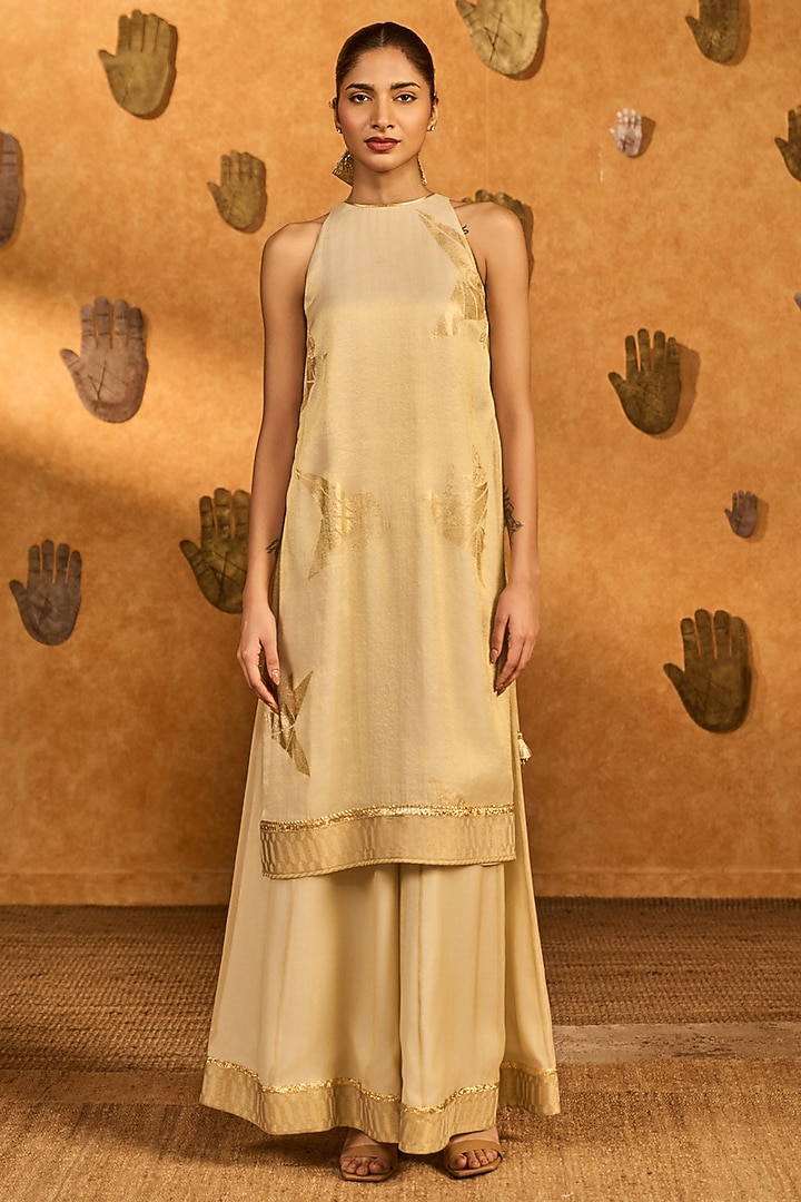 Ivory Tissue Silk Foil Printed Wedding Sharara Set by Masaba at Pernia's Pop Up Shop