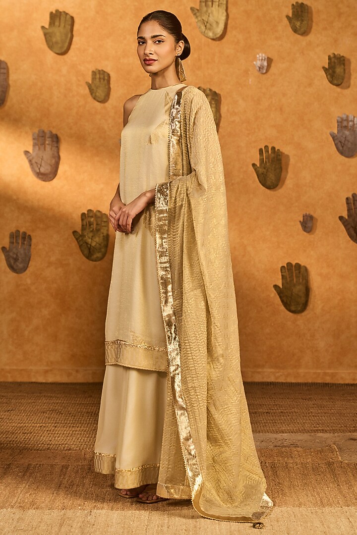 Ivory Tissue Silk Foil Printed Wedding Sharara Set by Masaba at Pernia's Pop Up Shop