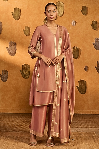 Mauve Tissue Silk Foil Printed A-Line Kurta Set by Masaba