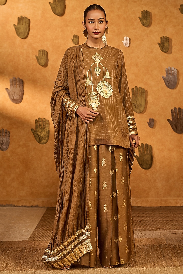 Brown Zari Checks Foil Printed A-Line Kurta Set by Masaba at Pernia's Pop Up Shop