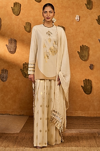 Ivory Zari Checks Foil Printed A-Line Kurta Set by Masaba