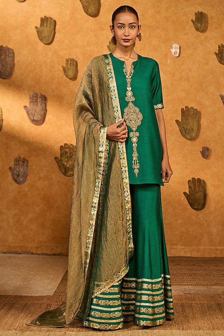 Green Raw Silk Wedding Sharara Set by Masaba at Pernia's Pop Up Shop