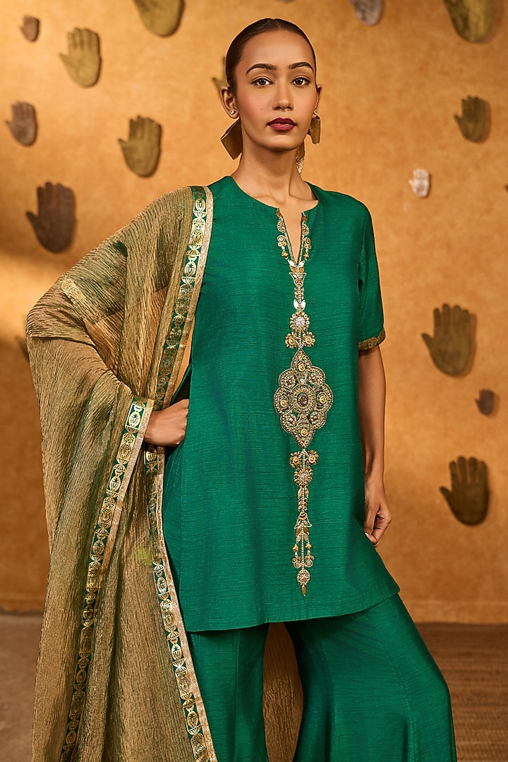 Green Raw Silk Wedding Sharara Set by Masaba at Pernia's Pop Up Shop