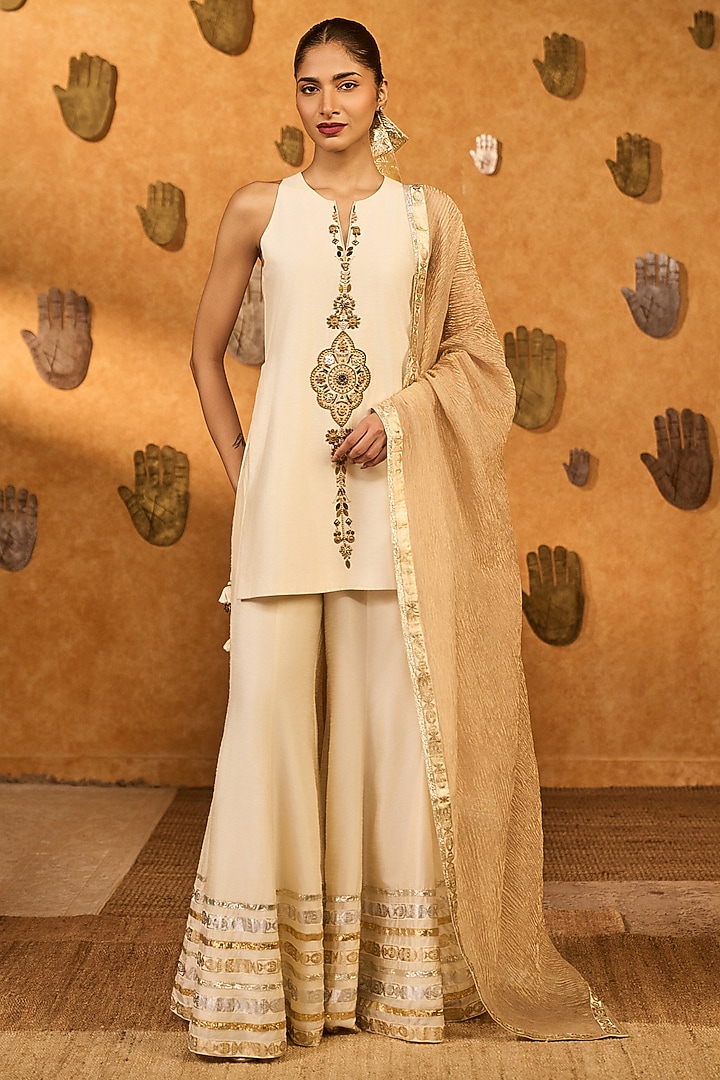 Ivory Raw Silk Embellished Wedding Sharara Set by Masaba at Pernia's Pop Up Shop