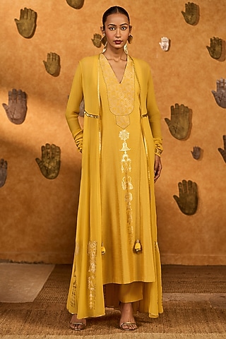 Ochre Yellow Georgette Foil Printed Jacket Set by Masaba