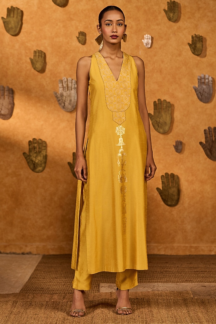 Ochre Yellow Georgette Foil Printed Jacket Set by Masaba at Pernia's Pop Up Shop