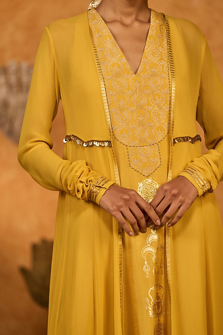 Ochre Yellow Georgette Foil Printed Jacket Set by Masaba at Pernia's Pop Up Shop