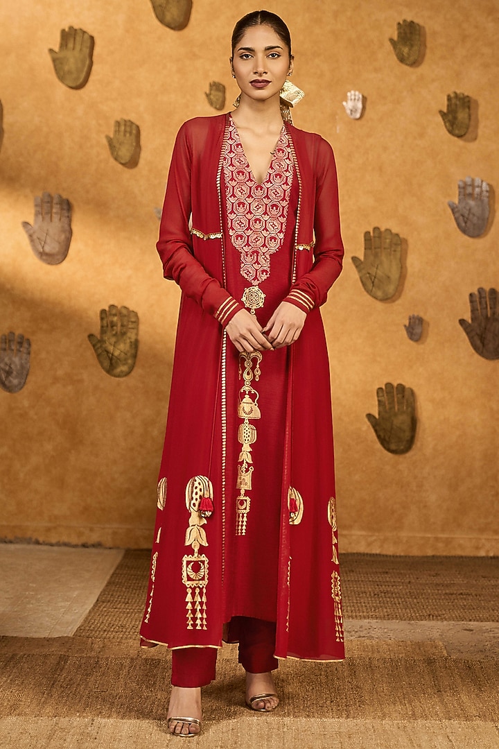 Red Georgette Foil Printed Jacket Set by Masaba at Pernia's Pop Up Shop