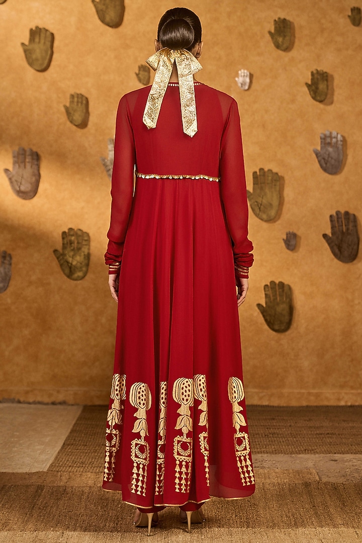 Red Georgette Foil Printed Jacket Set by Masaba at Pernia's Pop Up Shop
