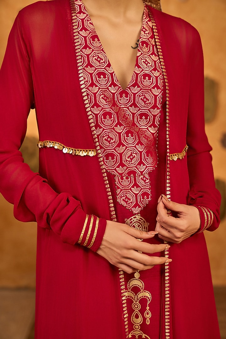 Red Georgette Foil Printed Jacket Set by Masaba at Pernia's Pop Up Shop
