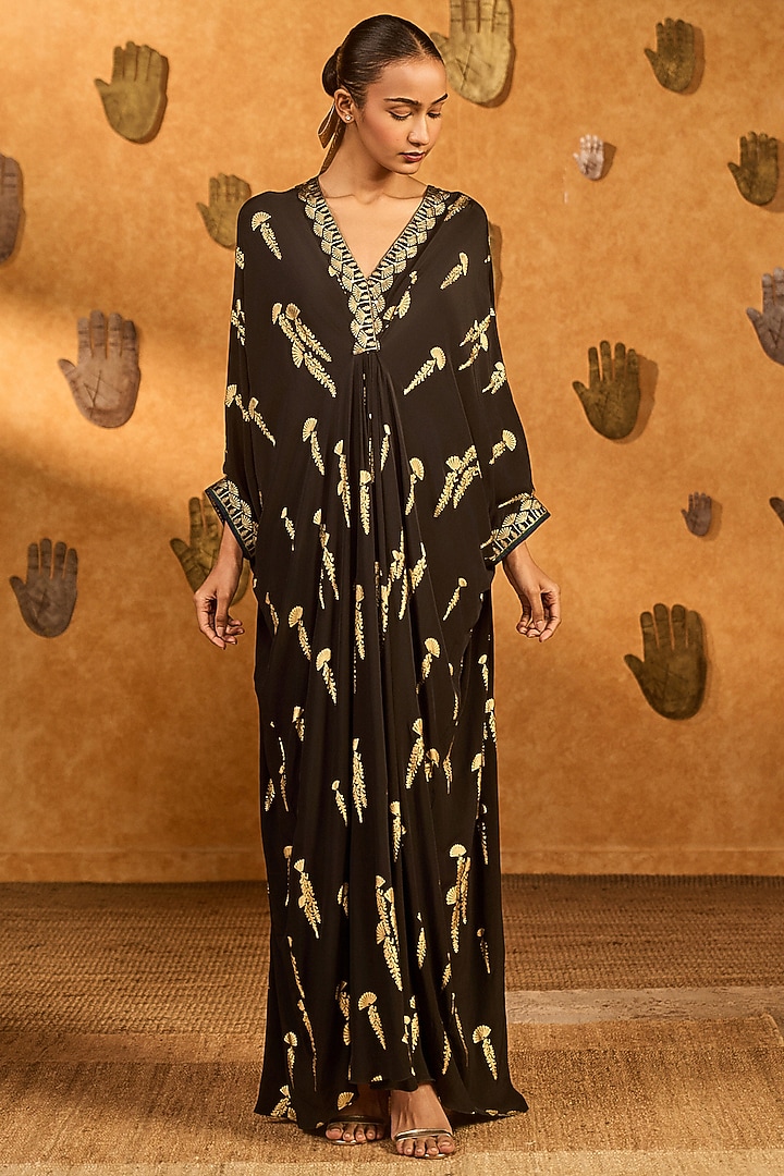 Black Crepe Silk Foil Printed Kaftan by Masaba at Pernia's Pop Up Shop