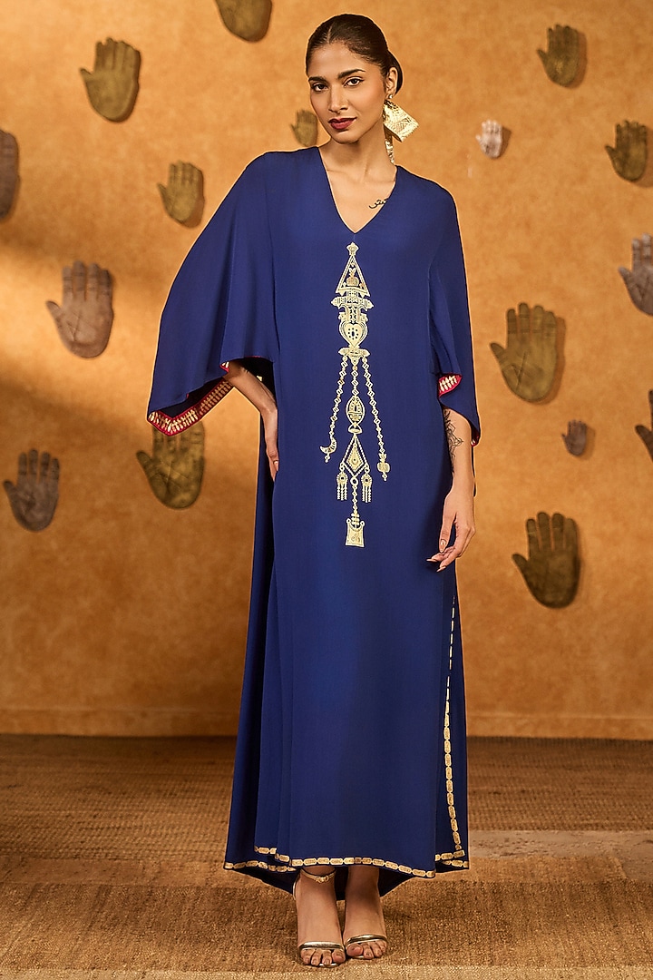 Sapphire Blue Crepe Printed Kaftan by Masaba at Pernia's Pop Up Shop