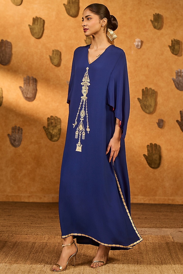 Sapphire Blue Crepe Printed Kaftan by Masaba at Pernia's Pop Up Shop