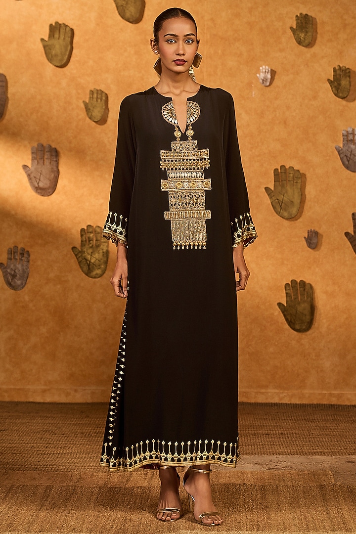 Black Crepe Hand Embroidered Kaftan by Masaba at Pernia's Pop Up Shop