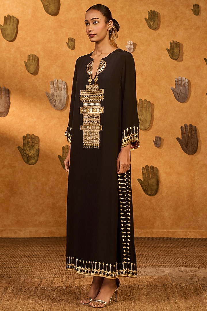 Black Crepe Hand Embroidered Kaftan by Masaba at Pernia's Pop Up Shop