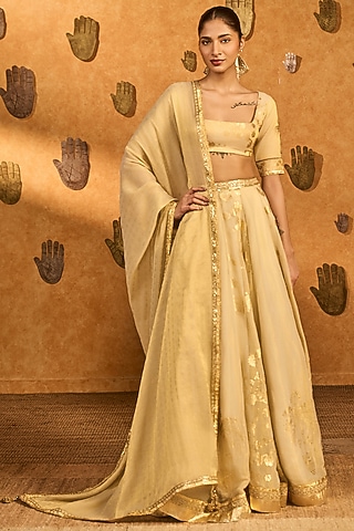 Ivory Tissue Silk Foil Printed Lehenga Set by Masaba