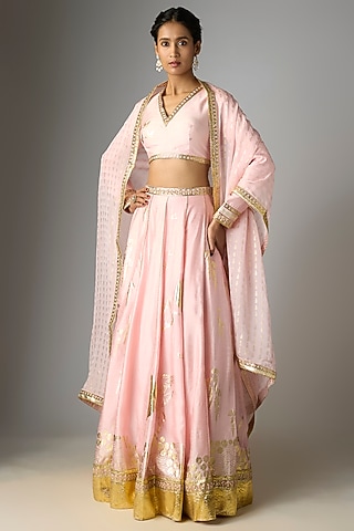 Baby Pink Viscose Slub Foil Printed Lehenga Set by Masaba