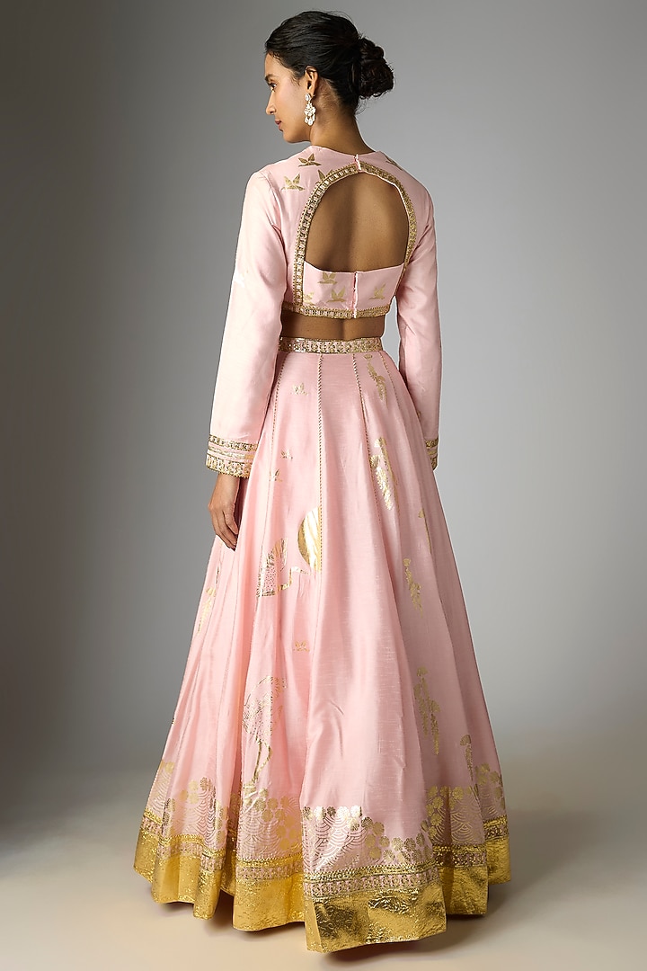 Baby Pink Viscose Slub Foil Printed Wedding Lehenga Set by Masaba at Pernia's Pop Up Shop