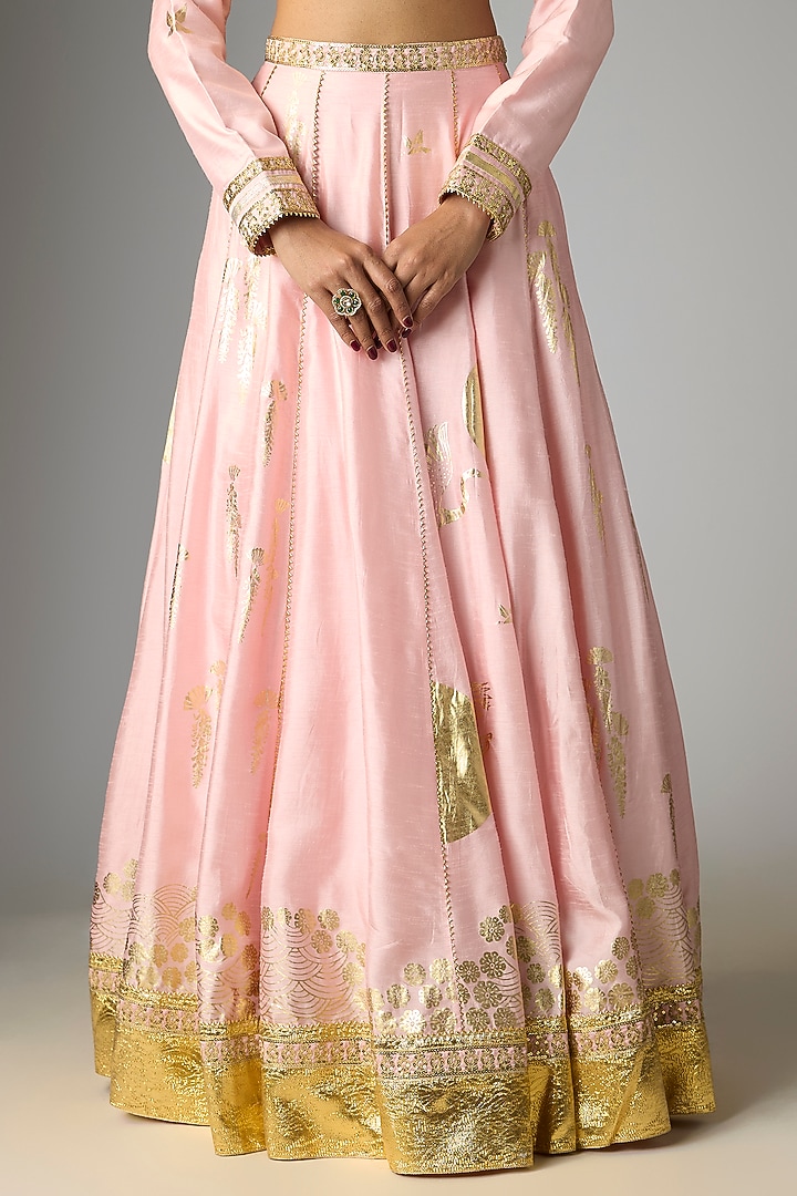 Baby Pink Viscose Slub Foil Printed Wedding Lehenga Set by Masaba at Pernia's Pop Up Shop