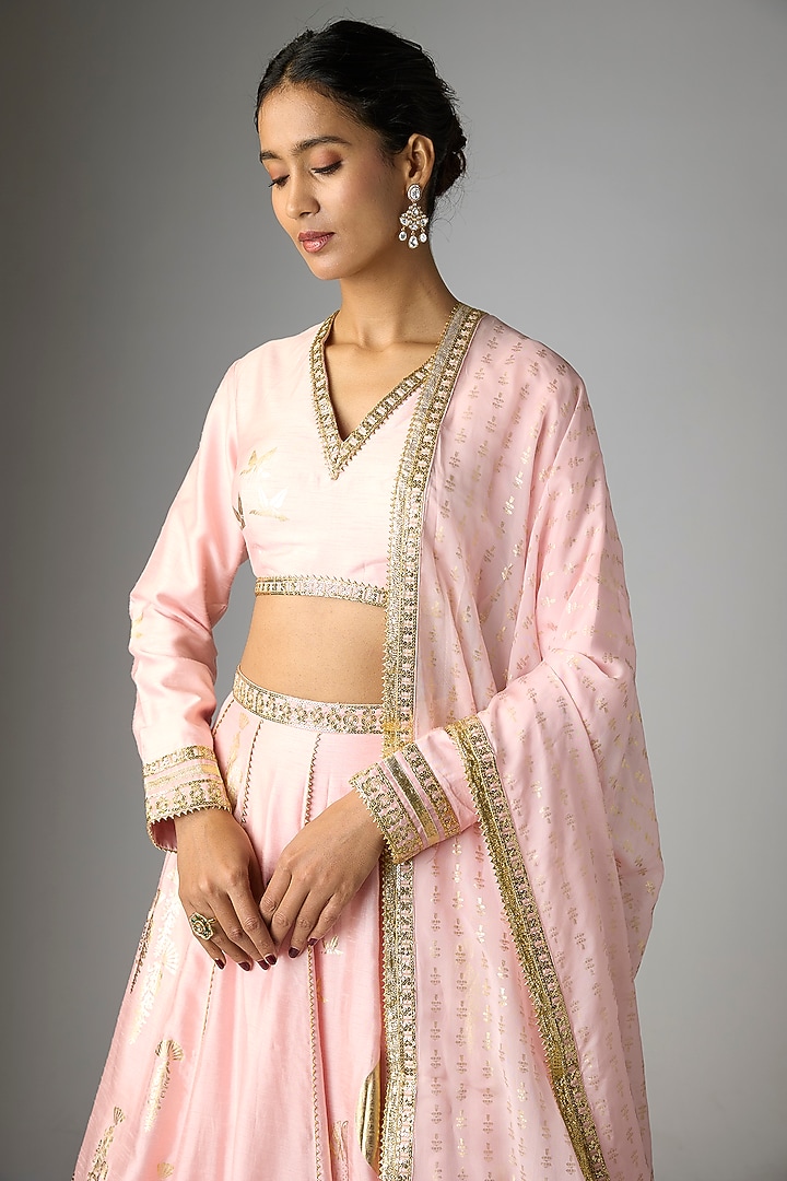 Baby Pink Viscose Slub Foil Printed Wedding Lehenga Set by Masaba at Pernia's Pop Up Shop
