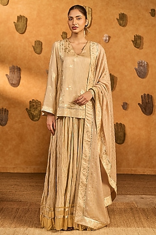 Beige Raw Silk Foil Printed Skirt Set by Masaba