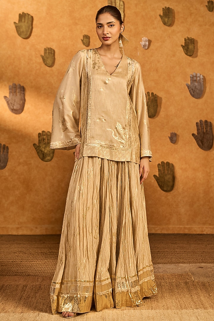 Beige Raw Silk Foil Printed Skirt Set by Masaba at Pernia's Pop Up Shop
