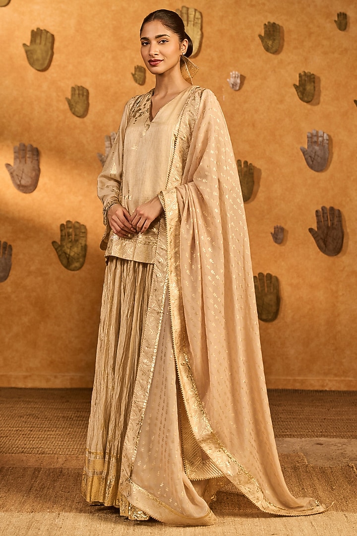 Beige Raw Silk Foil Printed Skirt Set by Masaba at Pernia's Pop Up Shop