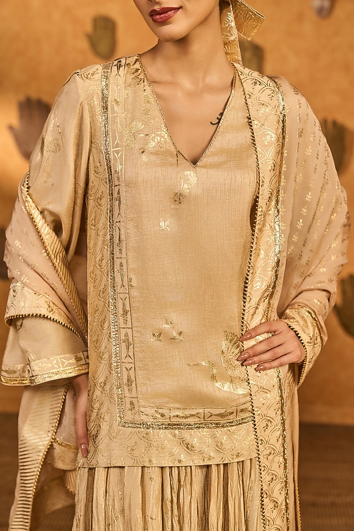 Beige Raw Silk Foil Printed Skirt Set by Masaba at Pernia's Pop Up Shop