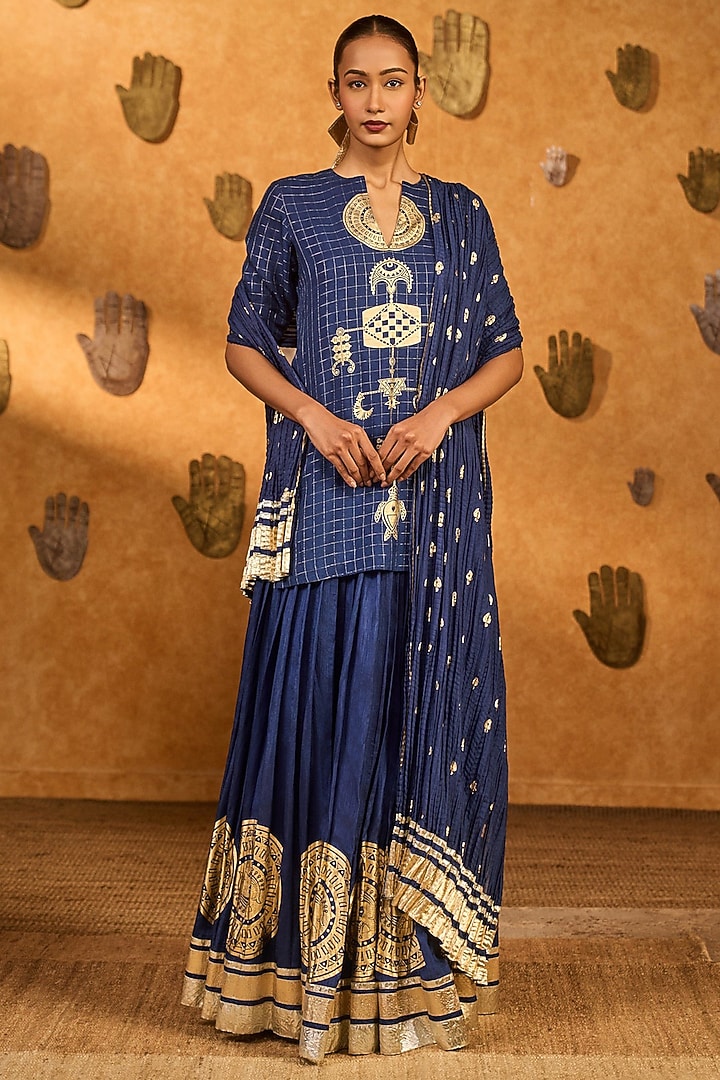 Sapphire Blue Viscose Slub Printed Skirt Set by Masaba at Pernia's Pop Up Shop