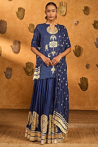 Sapphire Blue Viscose Slub Printed Skirt Set by Masaba