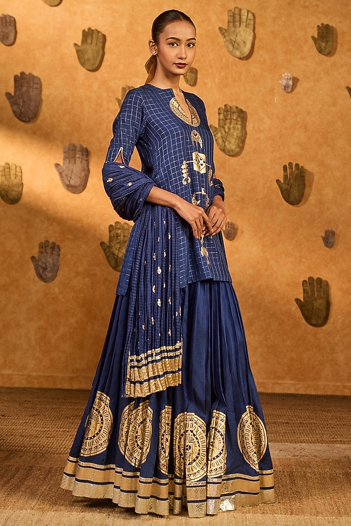 Sapphire Blue Viscose Slub Printed Skirt Set by Masaba at Pernia's Pop Up Shop