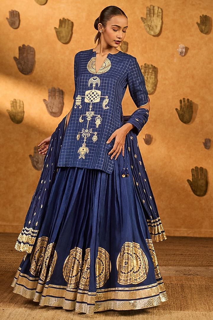 Sapphire Blue Viscose Slub Printed Skirt Set by Masaba at Pernia's Pop Up Shop