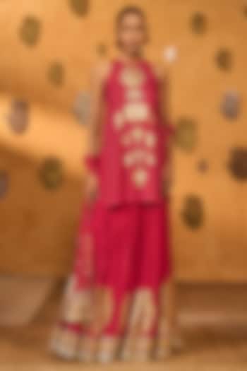 Raspberry Pink Raw Silk Printed Skirt Set by Masaba at Pernia's Pop Up Shop