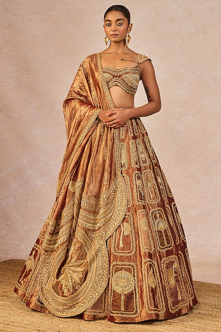Bronze Shaded Tissue Paankh-Bagh Motif Embroidered Bridal Lehenga Set by Masaba at Pernia's Pop Up Shop