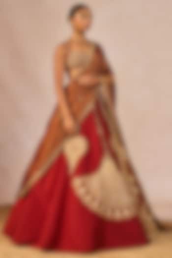 Red Dupion Silk Paankh Bagh Motif Embroidered Bridal Lehenga Set by Masaba at Pernia's Pop Up Shop