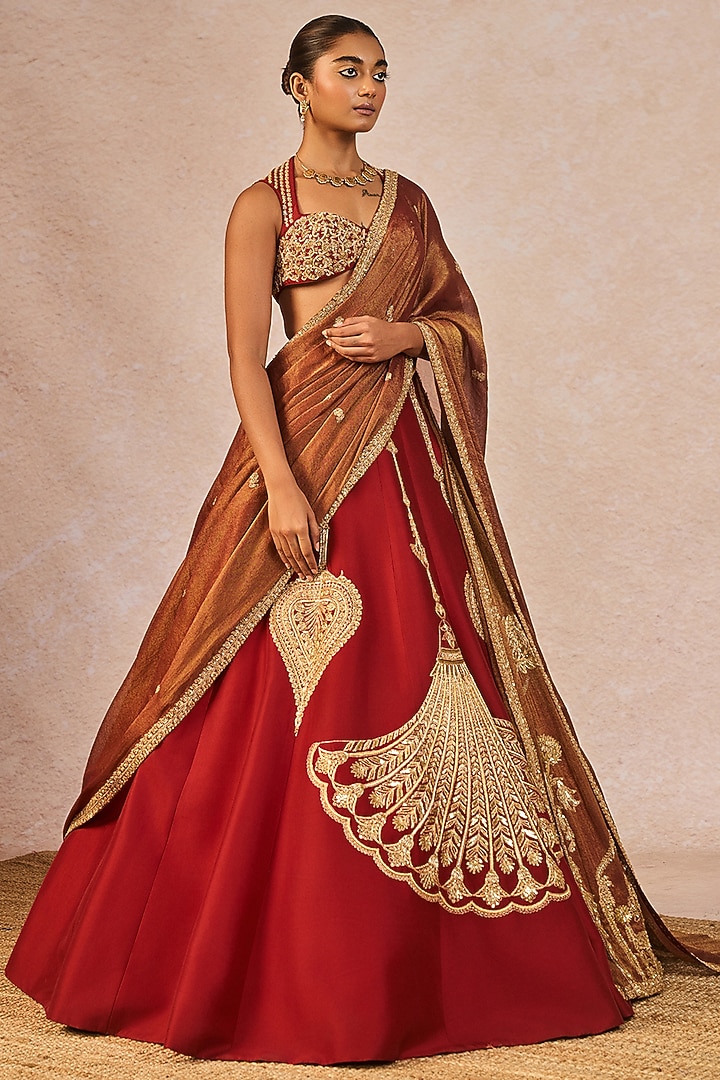 Red Dupion Silk Paankh Bagh Motif Embroidered Bridal Lehenga Set by Masaba at Pernia's Pop Up Shop