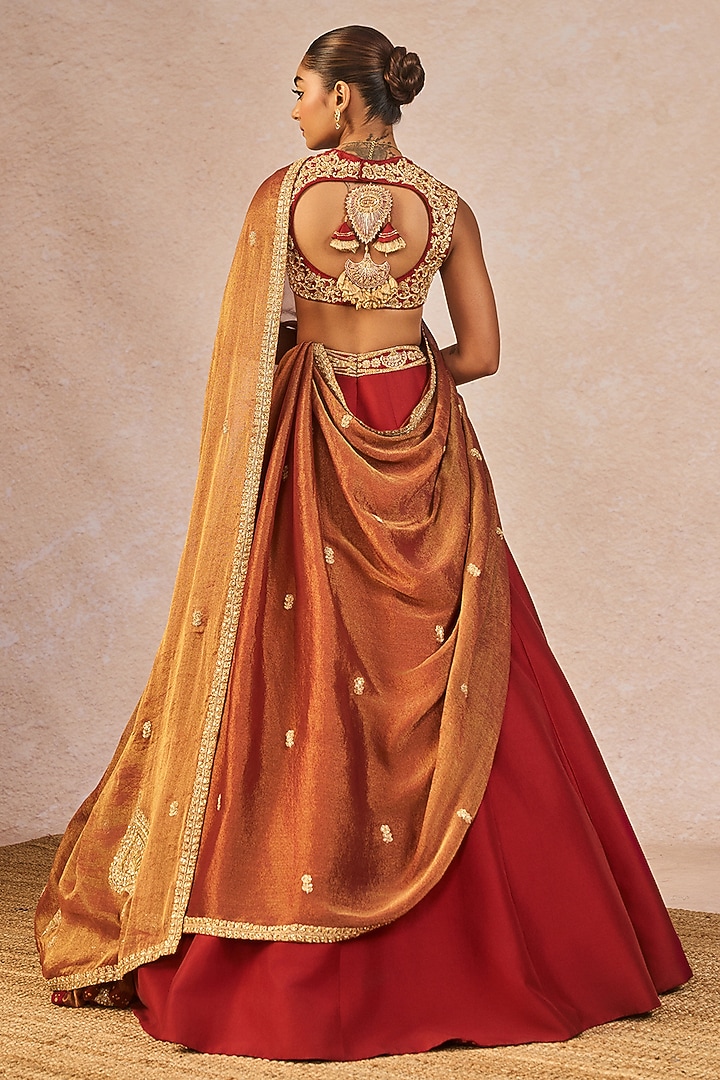 Red Dupion Silk Paankh Bagh Motif Embroidered Bridal Lehenga Set by Masaba at Pernia's Pop Up Shop
