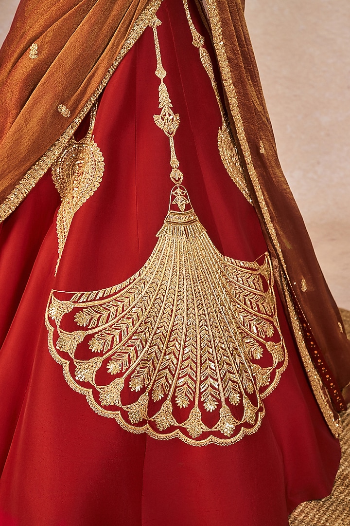 Red Dupion Silk Paankh Bagh Motif Embroidered Bridal Lehenga Set by Masaba at Pernia's Pop Up Shop
