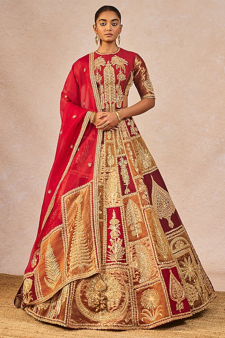 Red Tissue Paankh-Bagh Motif Embroidered Bridal Lehenga Set by Masaba at Pernia's Pop Up Shop
