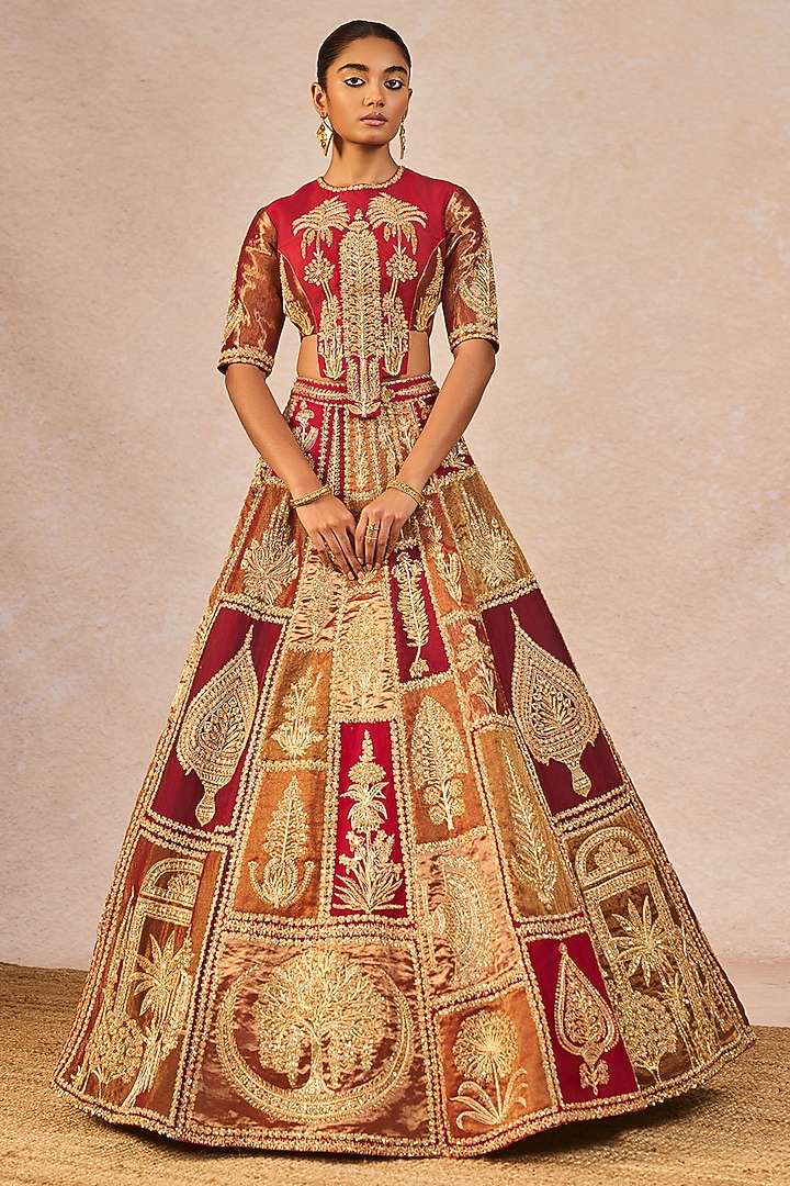Red Tissue Paankh-Bagh Motif Embroidered Bridal Lehenga Set by Masaba at Pernia's Pop Up Shop