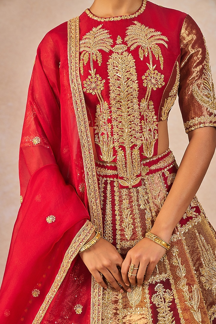 Red Tissue Paankh-Bagh Motif Embroidered Bridal Lehenga Set by Masaba at Pernia's Pop Up Shop